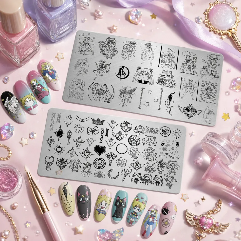 Sailor Moon Anime Nail Stamping Plate, Cute Cartoon Character Stainless Steel Nail Art Template for DIY Manicure