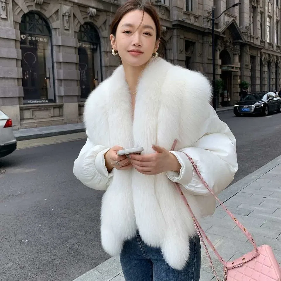 2024 Women New 90 White Goose Down Jacket Oversized Fox Fur Collar Fur Coat H9