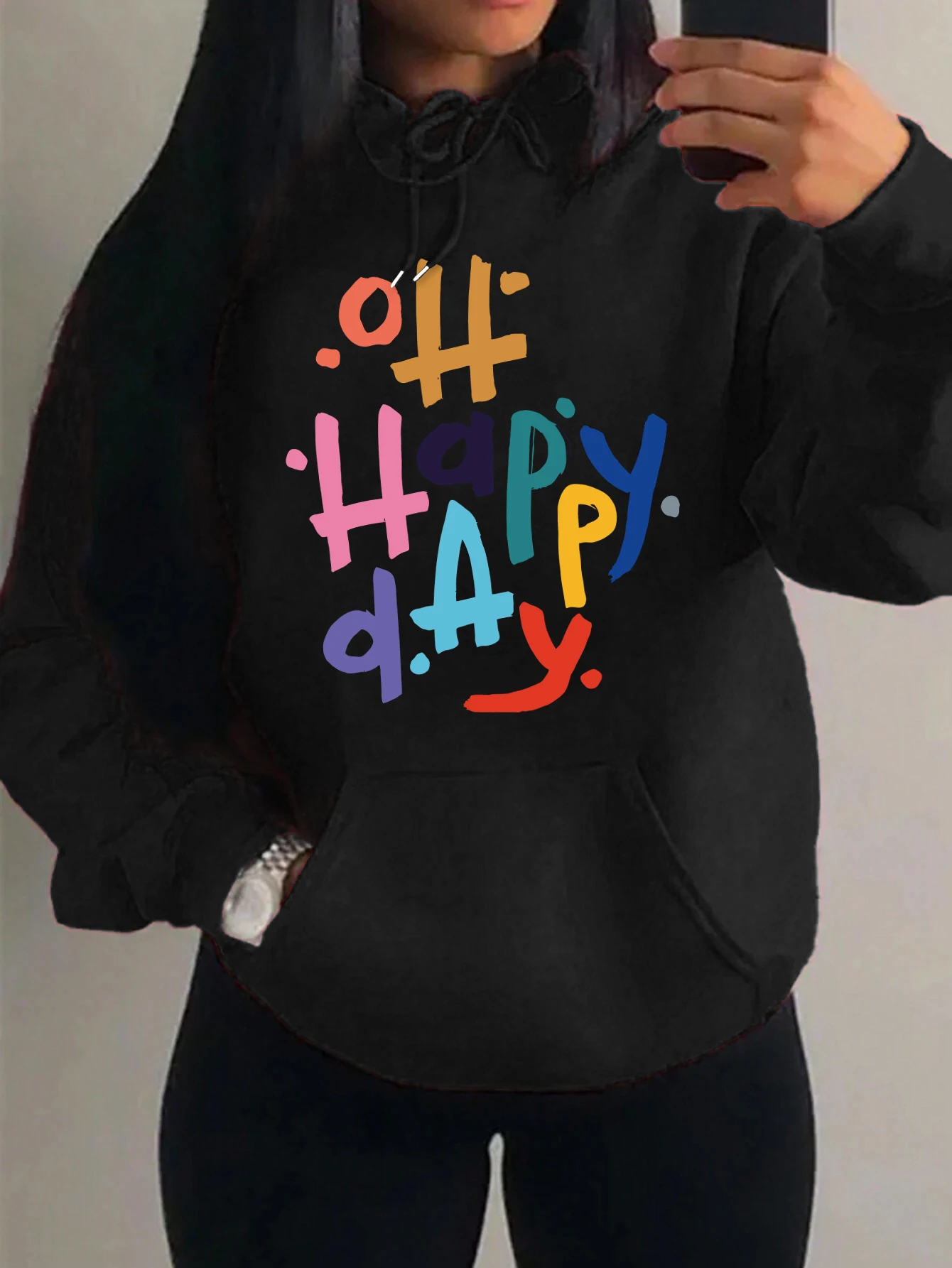 

Happy Day Colorful Art Letter Printing Womens Hoody Hip Hop Multicolor Hoodie Fleece Autumn Pullover Pocket Female Hoodies
