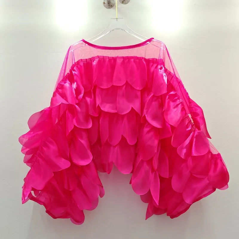 

Small Niche Design, Western Feminine Style, Pearl Like, Irregular Ruffle Edge Decoration, Unique Bat Sleeve Shirt, Top, Trendy