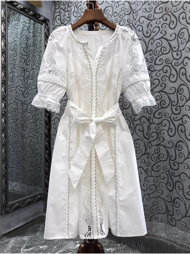 

Party Elegant Dress 2024 Summer Fashion Style Luxury Women Crochet Lace Embroidery Short Sleeve Slim Fit White Black Dress Belt