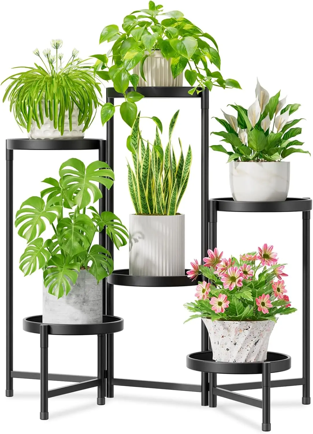 6-Tier Large Plant Stand with Wide Tray, Folding Metal Shelf for Indoor Outdoor Use in Black