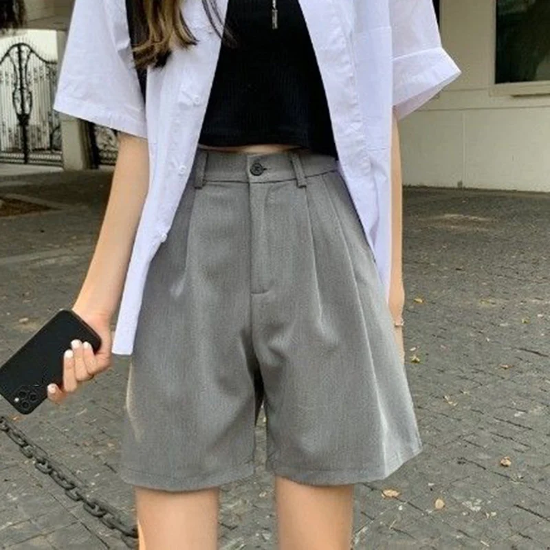 Rimocy 2024 High Waist Suit Shorts for Women Korean Fashion Wide Leg Short Pants Ladies Solid Color Loose Summer Shorts Female