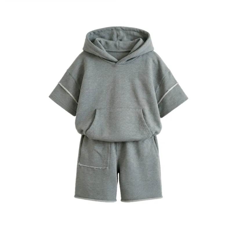 2026 Four Seasons Hot Selling Children's Simple Design Solid Color Hoodie and Shorts Two Piece Set