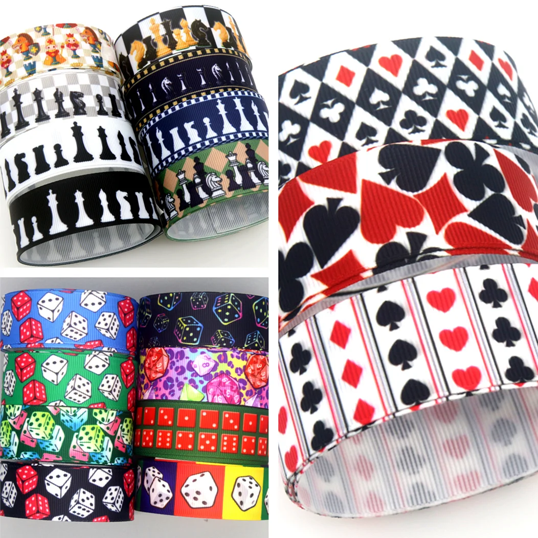 DHK 50yards Chess Dice Playing Cardso Printed Grosgrain Ribbon Accessories Decoration Collar DIY Sewing Craft S2610