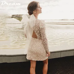DREAM Customized Beach V Neck Lace Short Wedding Dresses Long Sleeves Mini Backless Beadings Bride Dress Above Knee Bridal Gowns