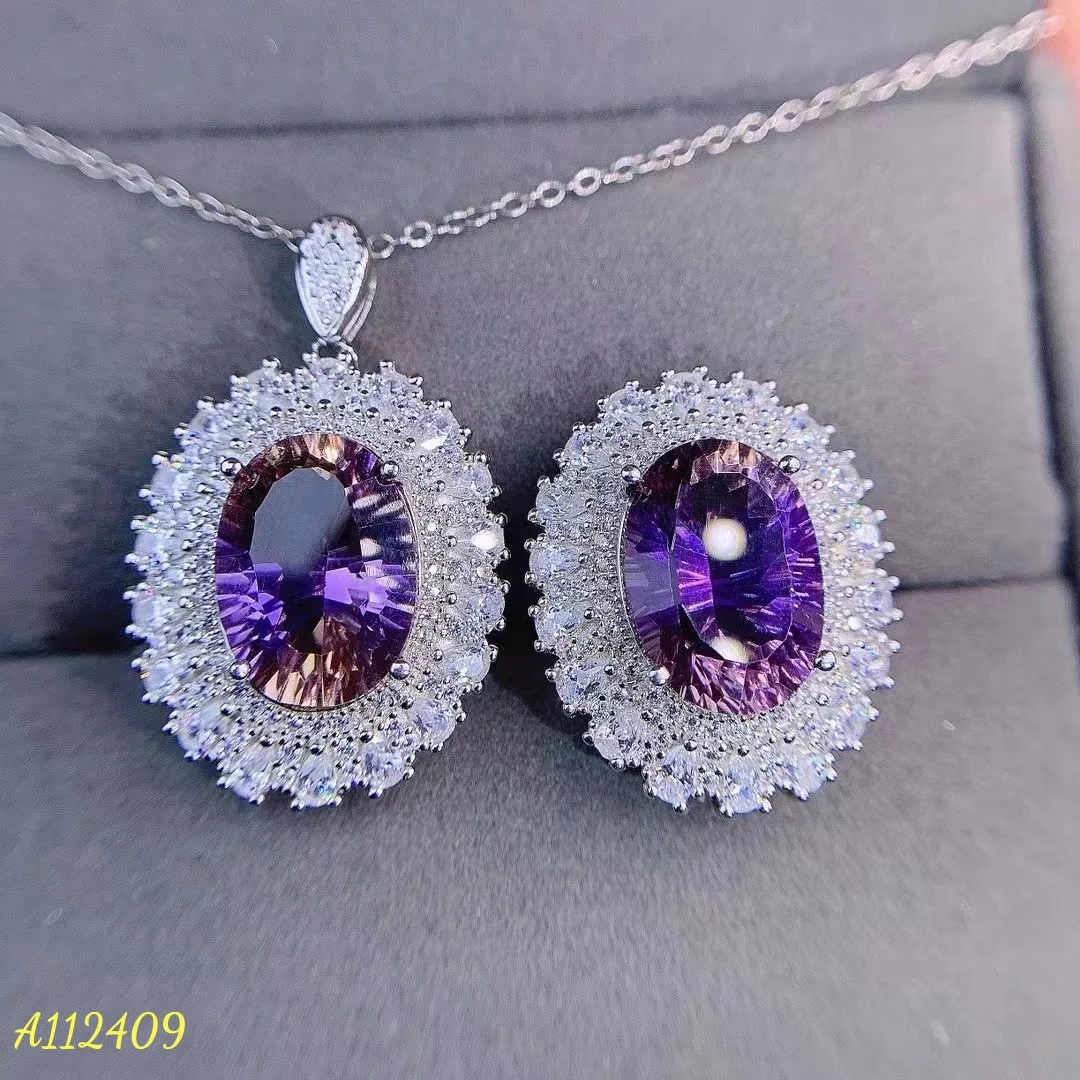 

Natural Ametrine Necklace Ring Set 925 Pure Silver Inlaid High Clarity Emerald Cutting Luxury Retro Style Banquet Jewelry Gift