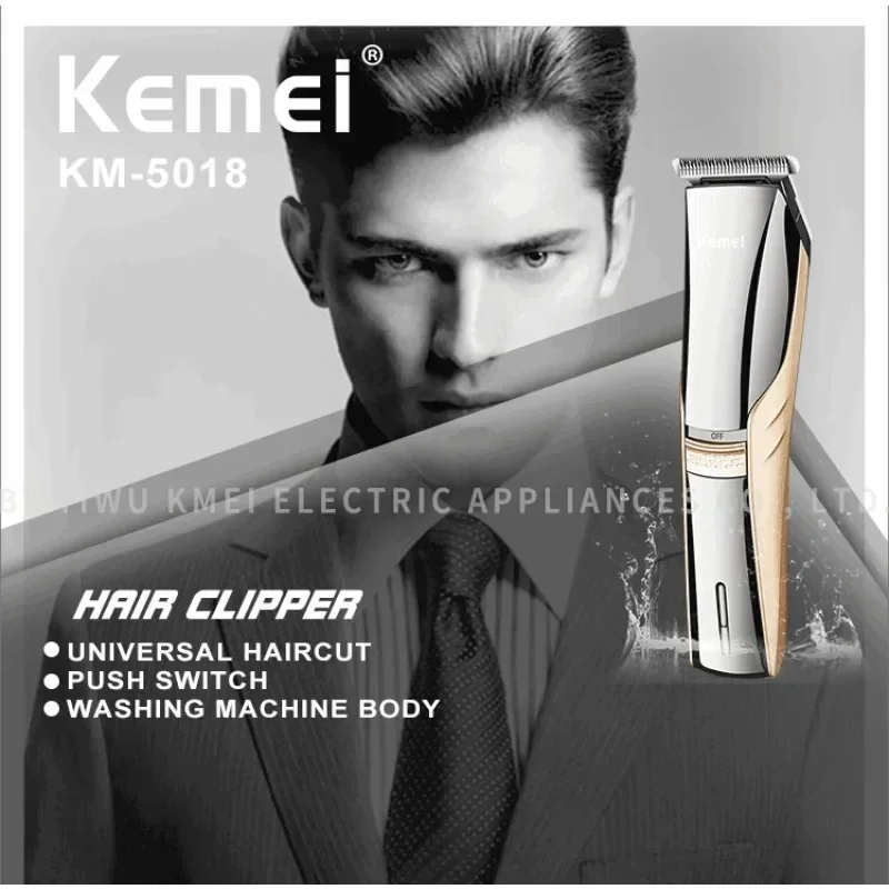 Kemei-KM-5018 Profissional Recarregável Aparador De Cabelo Elétrico para Homens, Máquina De Corte Lavável, Ferramentas De Estilo, Bateria, Empurrar, Cortar