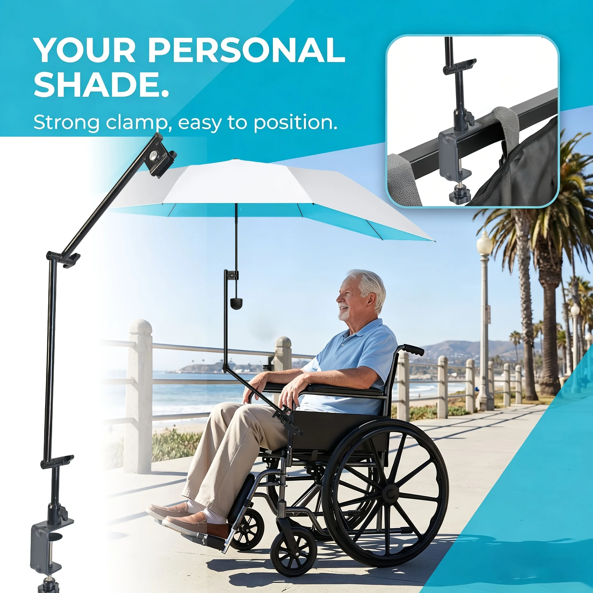 Heavy Duty C-Clamp Umbrella Holder Base Sturdy Universal Mount for Golf Push Cart Beach Chair Wheelchair