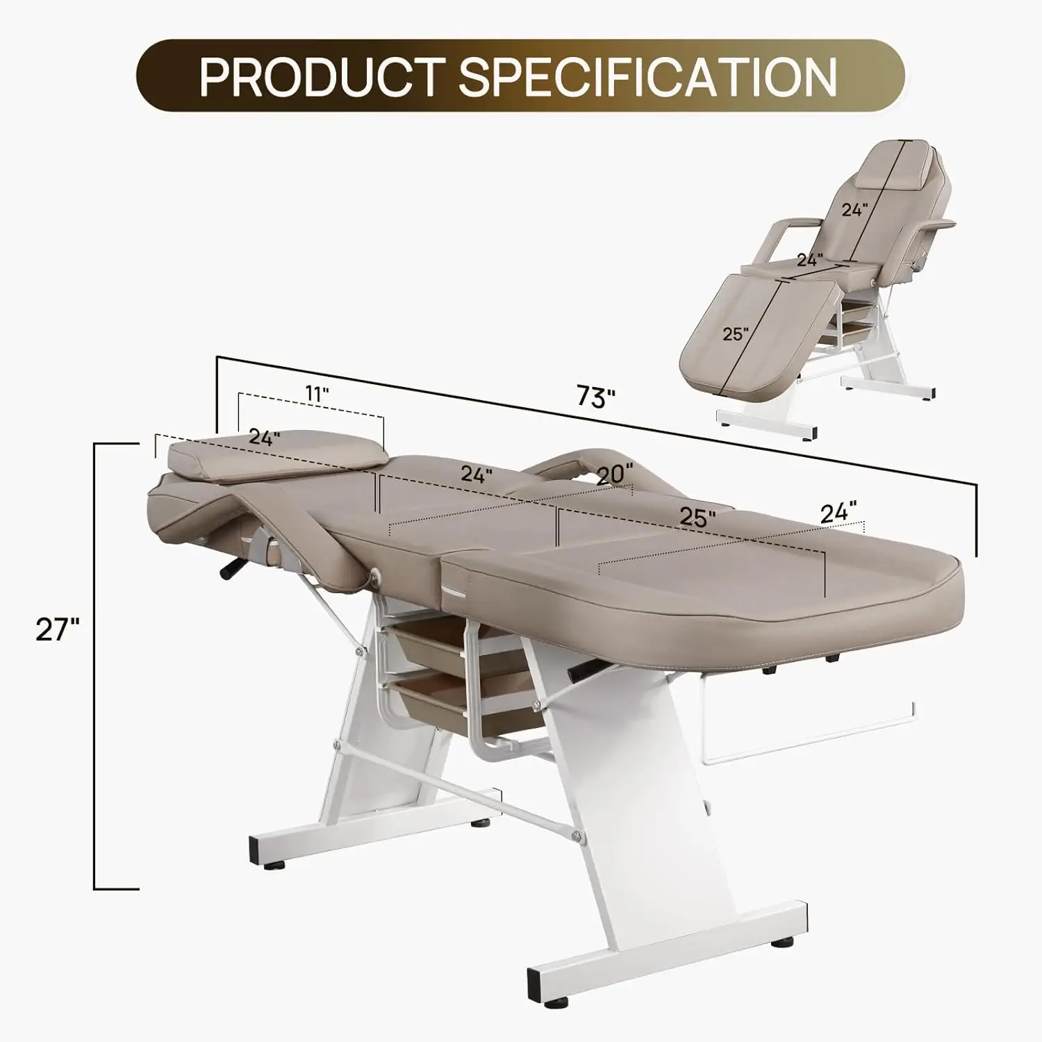 Facial Chair Tattoo Chair Massage Bed Adjustable 3-Section Multipurpose