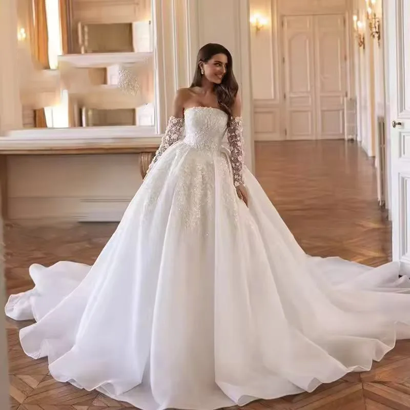 Hochwertiges Organza-Hochzeitskleid, maßgeschneidert, romantische Applikationen, Perlen, Brautkleider, temperamentvolle A-Linie, trägerlos, Robe de mariée