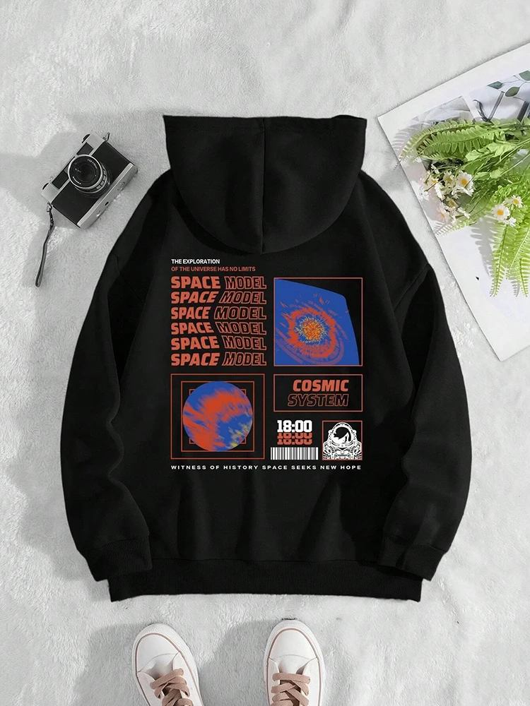 Space Model Comic Printing Hoodies Women Street Casual Loose Hoodie Fashion Oversize Basic Hoody Autumn Warm Fleece Pullover