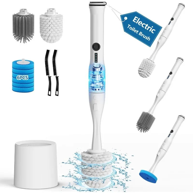 Electric Toilet Brush and Holder Set, 10 in 1 Electric Toilet Bowl Cleaning Kit with Replaceable Brushes