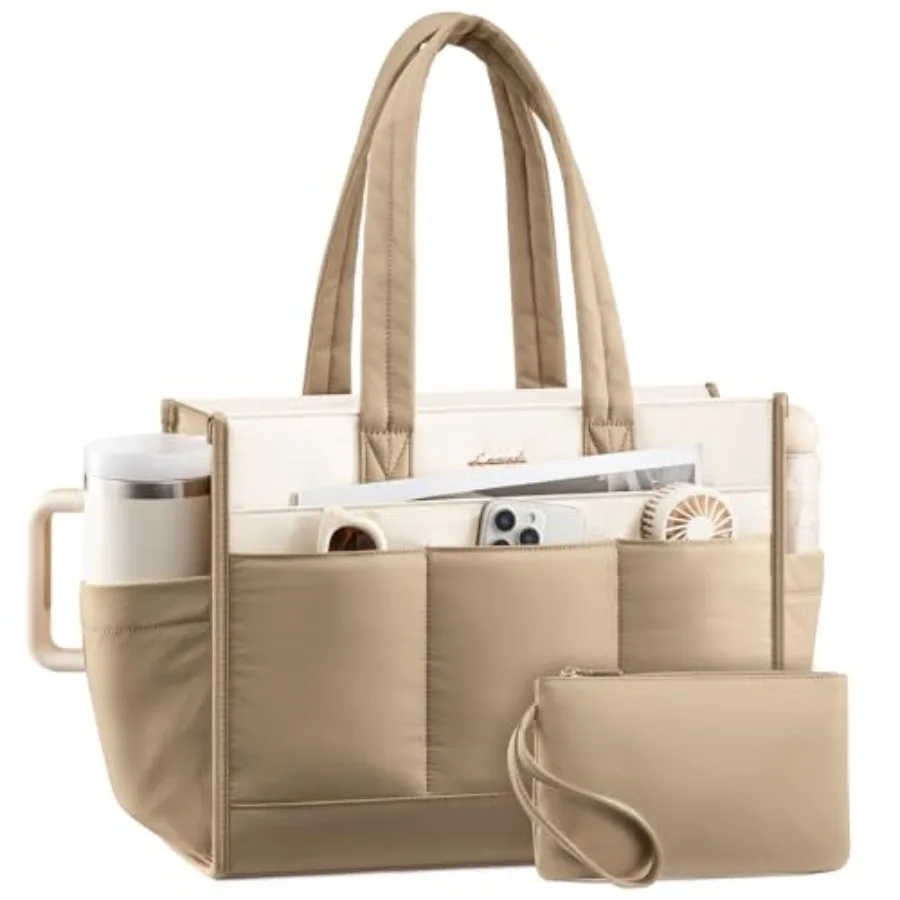 

Tote Bag for Women Puffer Laptop Handbag Work Purse for Teacher Nurse Large Quilted Travel Tote Shoulder Bag with Zipper for Co
