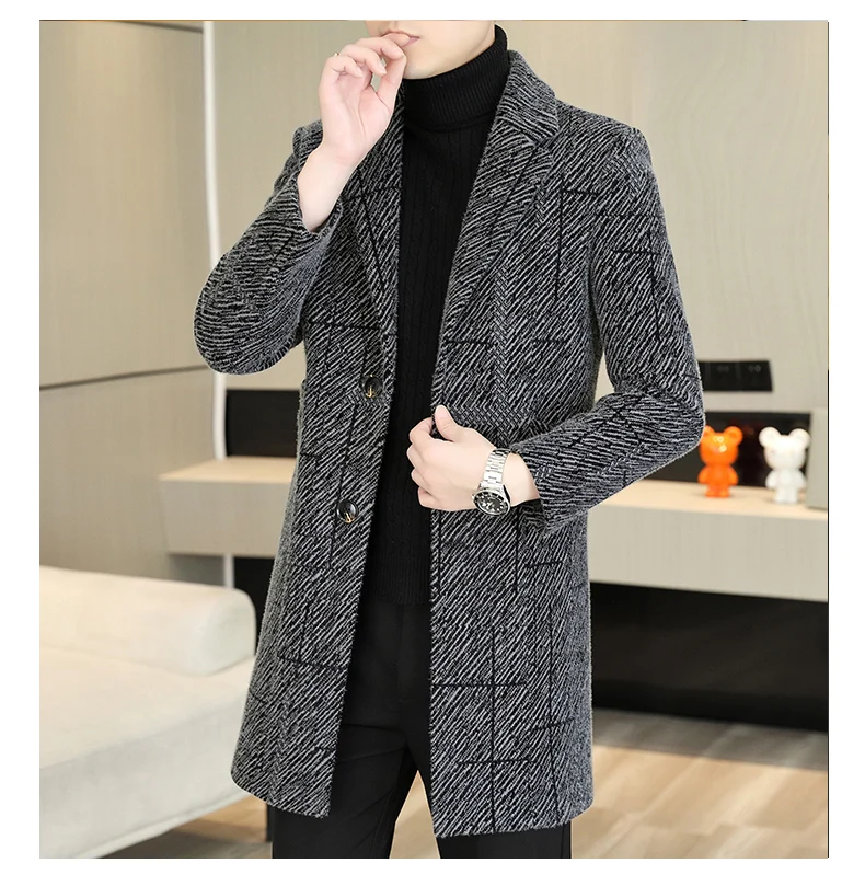 Lässige Herren-Wollmäntel mit Streifenmuster 2026 Winter Business Verdickter Warmer Mittellanger Mantel Oberbekleidung Windbreaker Jacke – Detail 13