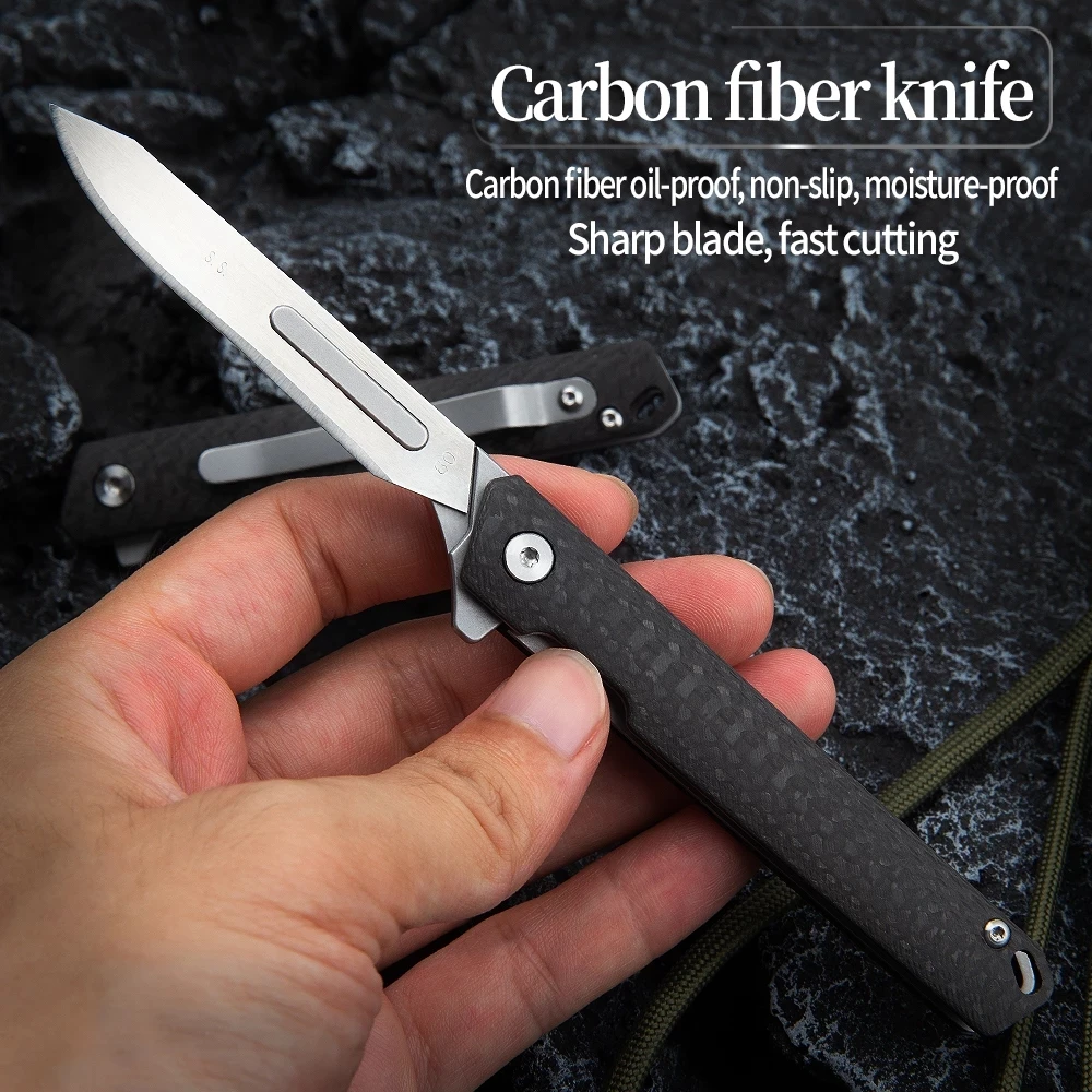 Cuchillo plegable de bisturí de fibra de carbono para exteriores, táctico, supervivencia, caza, campamento, EDC, cuchillo de autodefensa portátil,