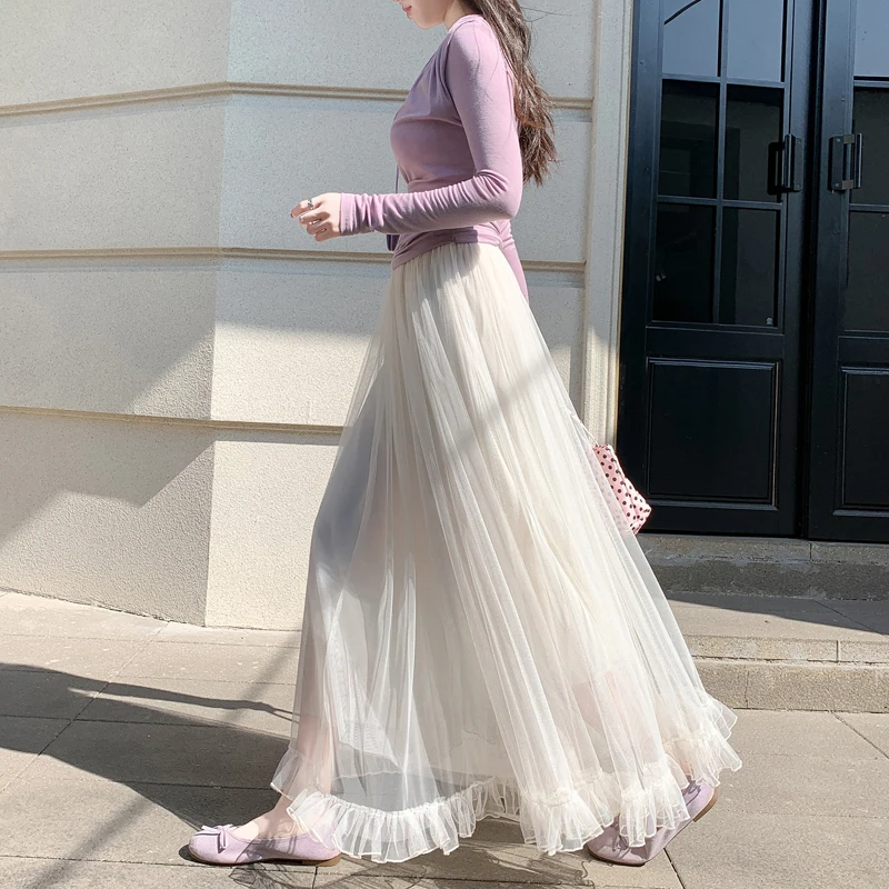 

Новинка Весна 2026: Длинная юбка А-силуэта из тюля с высокой талией, женская драпированная полупрозрачная юбка с большим объемом и пышным подолом