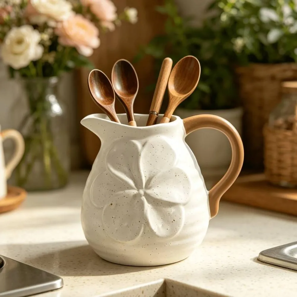 Floral Embossed Polka Dots Ceramic Vase Retro with Handle Tableware Racks Luxury Farmhouse Style Flower Ware Living Room
