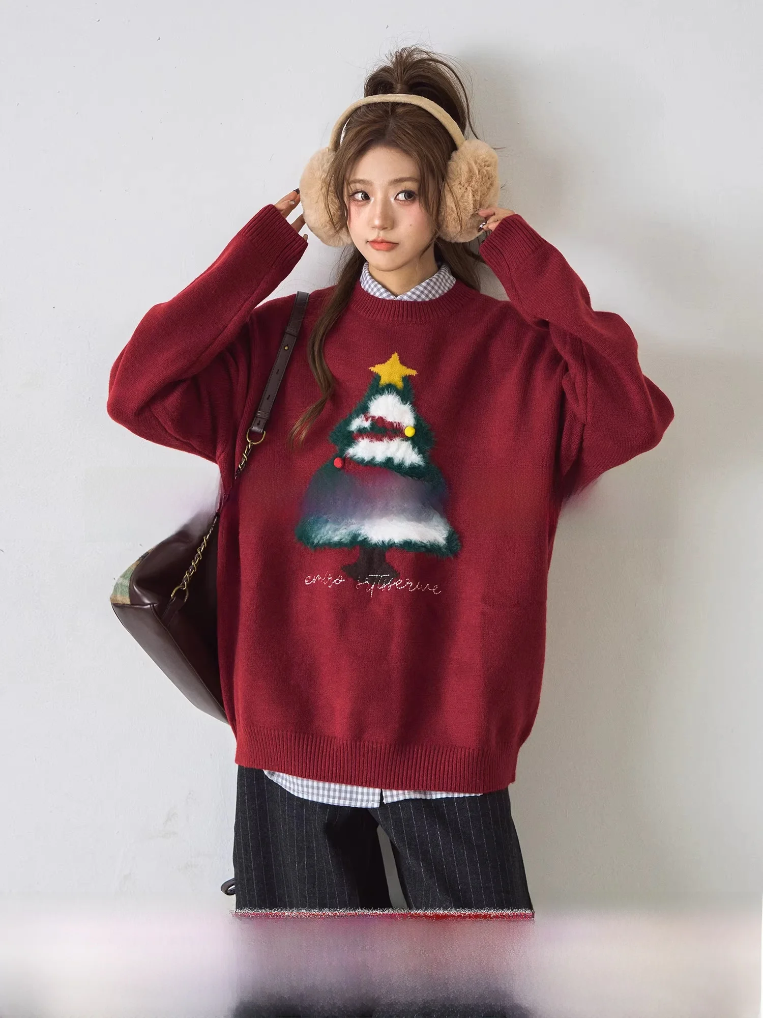 

Красный вязаный свободный женский свитер Cisas с вышивкой дерева, пушистый дизайн, осень-зима, удобный теплый модный трикотаж