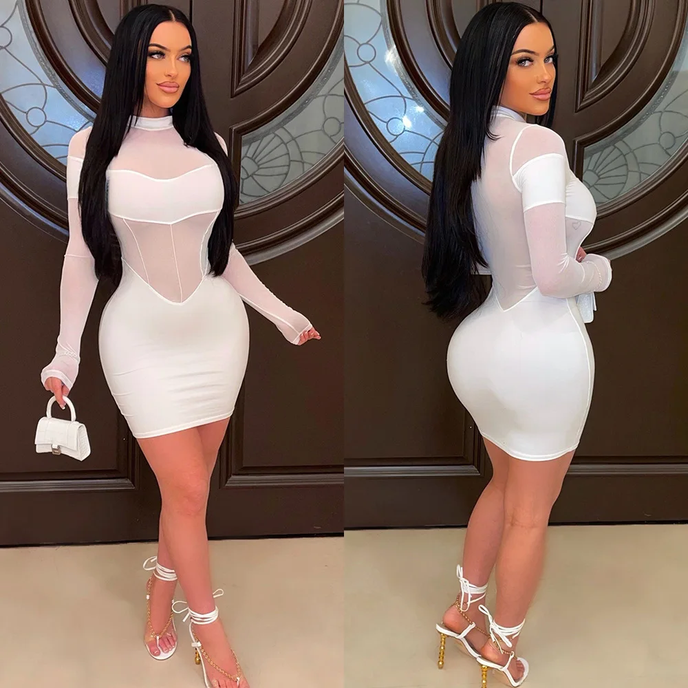 

8513DF Nazada 2025 Spring/Summer Women's Wear Mesh Perspective Headset Sexy Long Sleeve Stand Collar Short Skirt