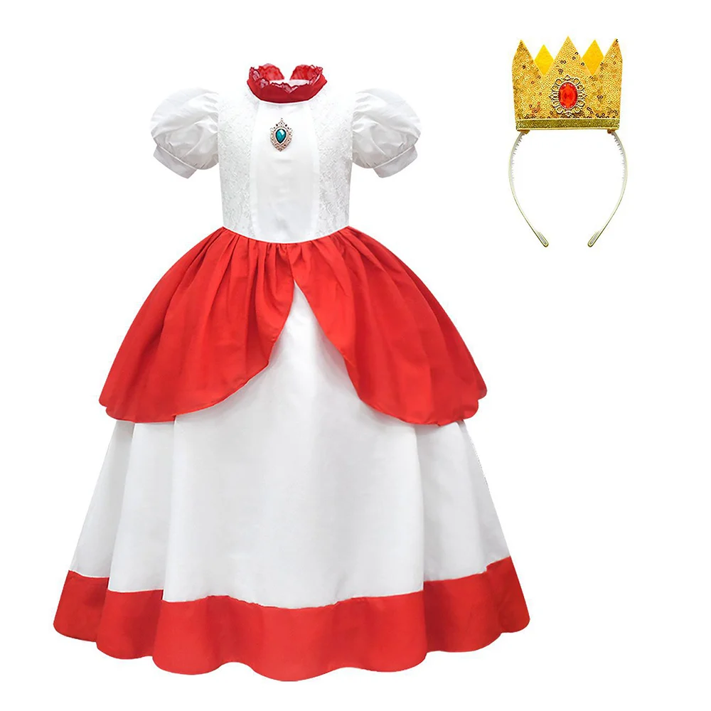 

Anime Princess Peach Cosplay Costume Kids Girls Dress Crown Fantasia Halloween Carnival Disguise Roleplay Disguise Clothes