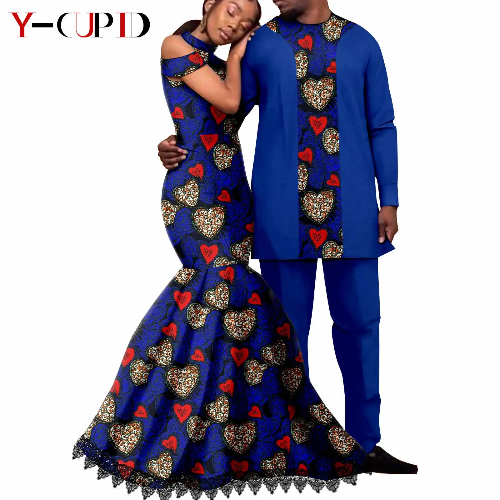 Dashiki African Couple Clothes Ankara Print Lace Long Mermaid Dresses for Women Matching Men Outfits Wedding Vestidos Y22C033