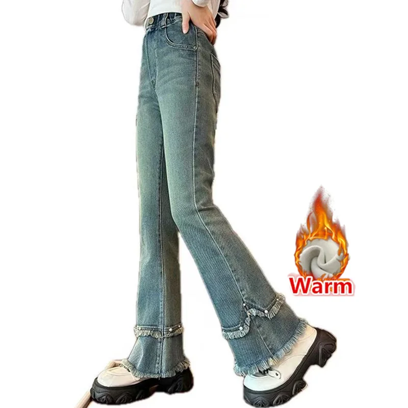 

Korean Kids Winter Rough Flare Jeans for Girl Thermal Corduroy Denim Pants Child Warm Fleece Boot Cut Jeans Trousers For Teenage