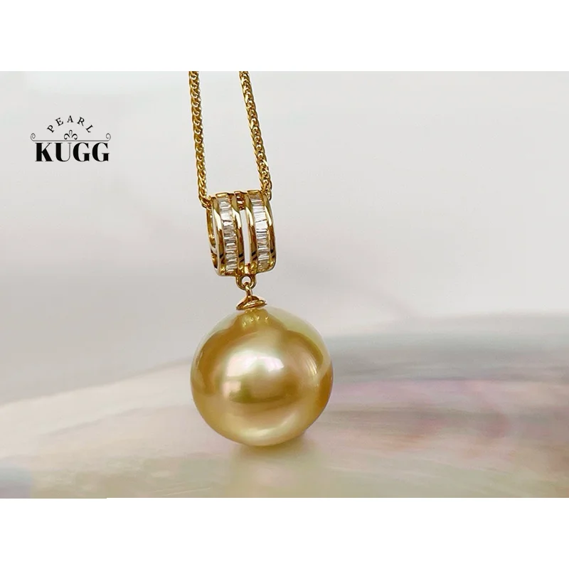 Colgante KUGG PEARL de oro amarillo de 18K con diamante brillante, colgante de perla natural del Mar del Sur de 13-14mm para mujer, joyería fina.