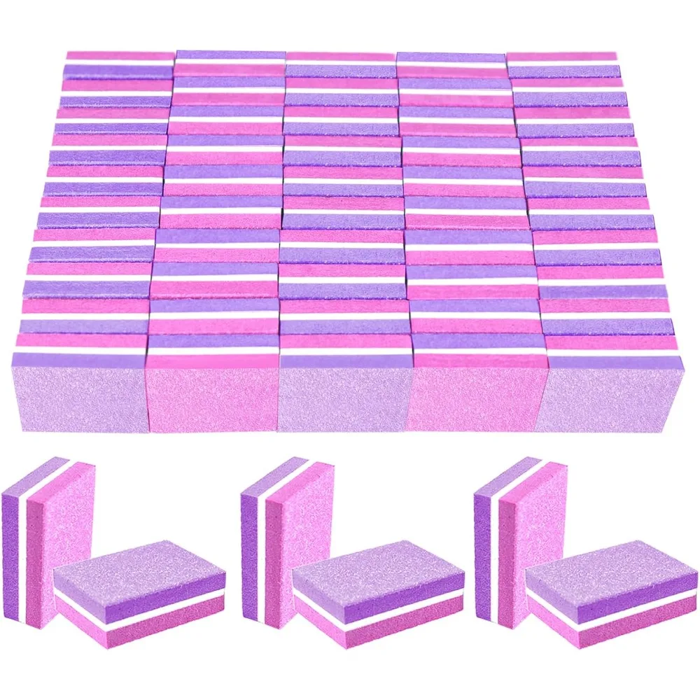 Pink Purple Mini Sponge Nail Buffer Blocks, 100/180 Grit Double Sided Nail Polishing Tools, 50 Pack