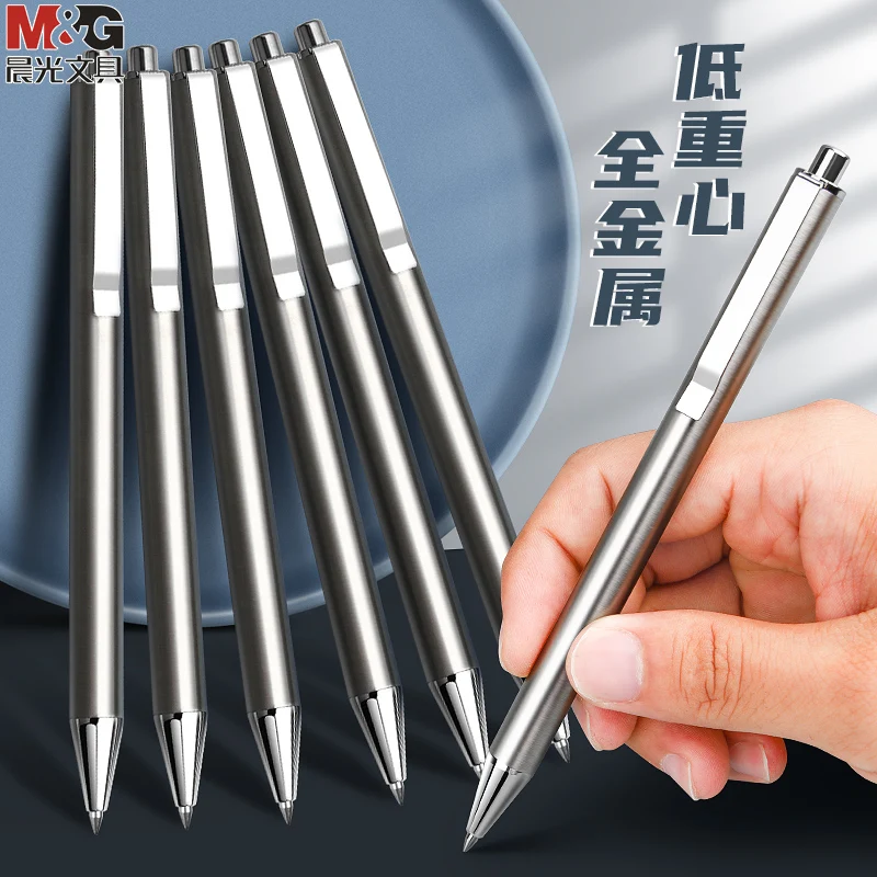 M&G Stainless Steel Metal Retractable Gel Pens, 0.5mm Fine Point Black ink Ballpoint Signature Pen with Replaceable Blue Refills