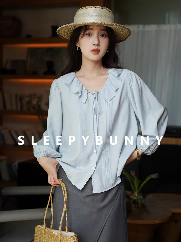Elegant V-Neck Ruffle Blouse for Women – Chic Pleated Lantern Sleeve Shirt, Loose-Fit Summer Office Casual Top with Tie Neck