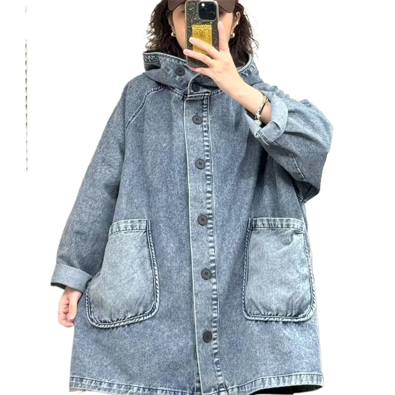 

Джинсовая куртка на весну-осень 2026, больших размеров, свободного кроя, в стиле ретро, с большими карманами, с капюшоном, однобортная, в стиле ковбойской одежды