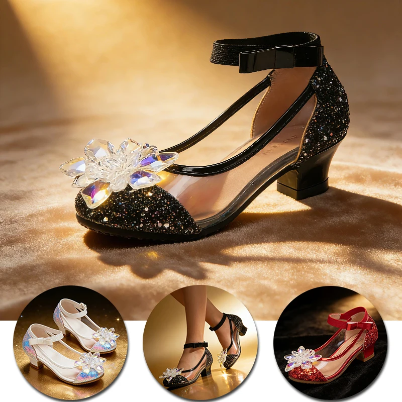 

Блестящие роскошные детские туфли Мэри Джейн на каблуке для особых случаев с кристаллами и цветами для девочек, детские свадебные сандалии подружки невесты