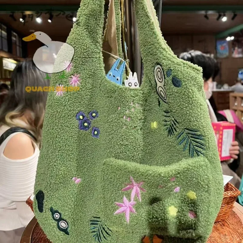 My Neighbor Totoro Reversible Double-sided Plush Handbag, Lovely Embroidered Single Shoulder Bag Soft Fluffy Casual Tote Purse