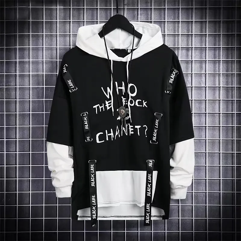 

Spring Men's Hoodie Sweatshirt Casual Black Gothic Darkwear Hoodies Tops Techwear Hip Hop Harajuku Patchwork Streetwear Men 3XL