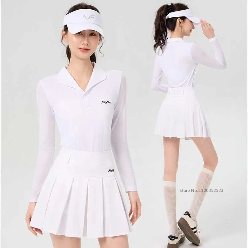 niefle-ゴルフ女性-v-ネック日焼け止めトップアイスシルク長袖-tシャツ通気性スポーツシャツ-a-裏地付きプリーツスカートゴルフキュロット