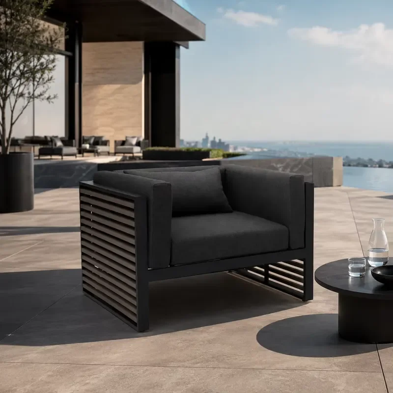 Outdoor Waterproof Aluminum Single Sofa Architectural Lounge Sofa Quick Dry Cushions Hotel Resort Poolside Outdoor Furniture