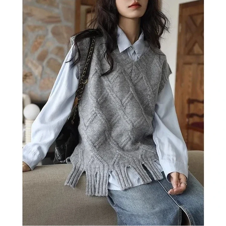 

Women Spring Autumn Gray Knit Vest And Blue Long Sleeve Shirt Set College Style Two Piece Outfit