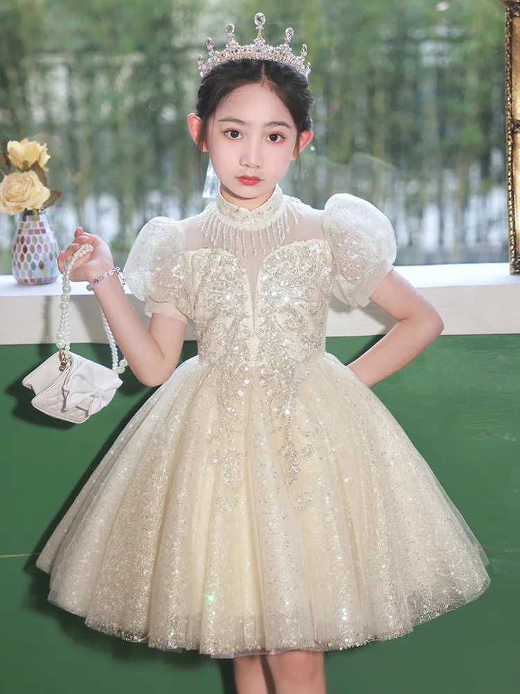 Girl\'s Dress Light Luxury Minority Costume for Piano Performance Host Flower Girl Ball Dress