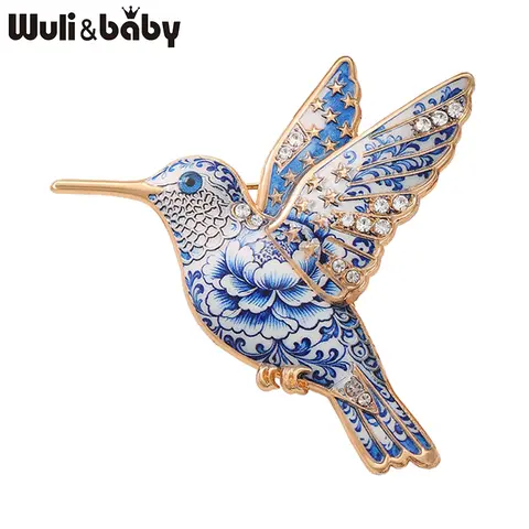 Wuli&baby Lovely Hummingbird Brooches For Women Unisex Rhinestone Blue White And US Flag Pattern Bird Party Office Brooch Pin