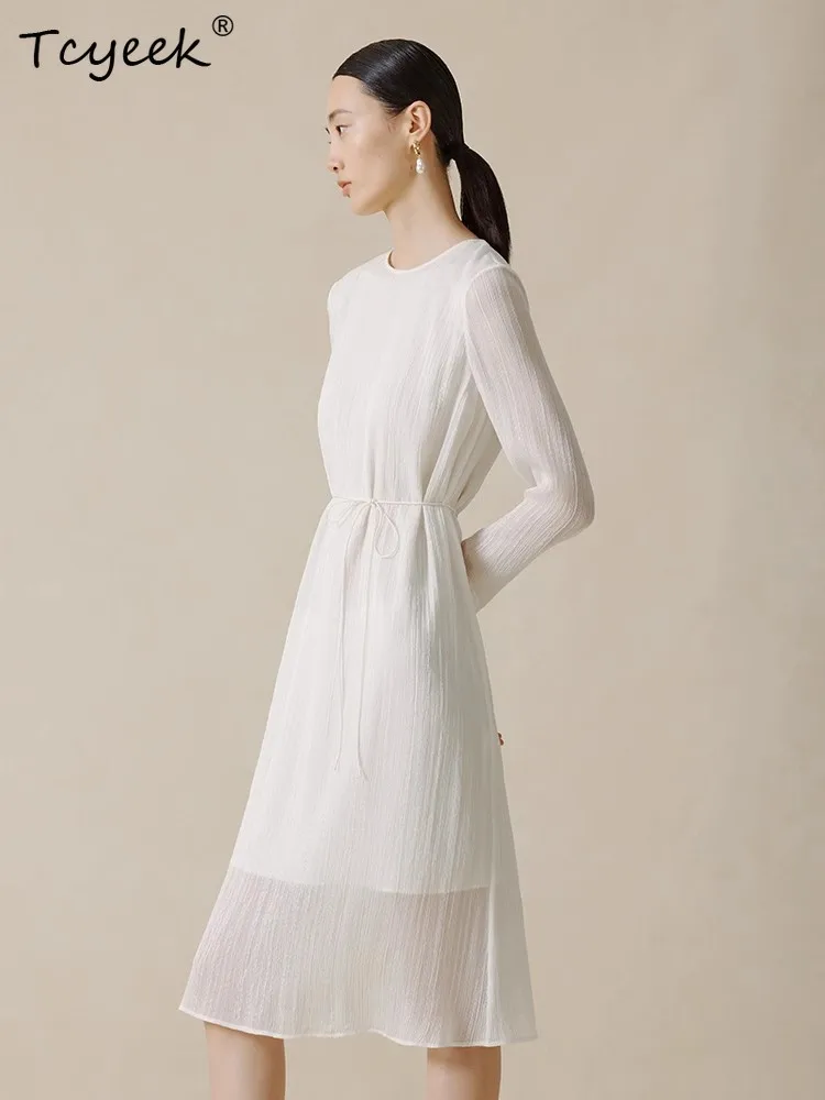Tcyeek 10MM 100% vera seta abiti eleganti donna striscia irregolare manica lunga semplice OL vestito da partito 2024 primavera estate D3D768QM