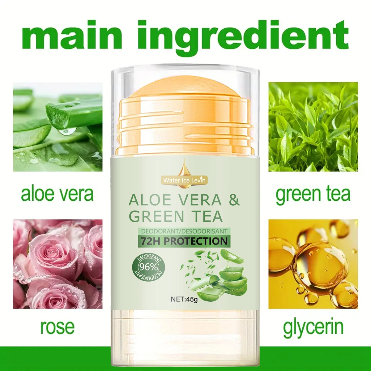 مزيل عرق الماء آيس ليفين مع الألوة فيرا والشاي الأخضر حماية 72 ساعة وفعال 96% للعناية اللطيفة ولكنها القوية. 45 جرام.