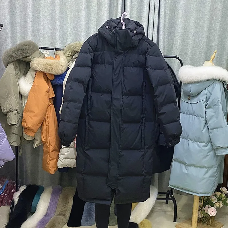Корейский зимний черный длинный пуховик, женское теплое пальто с длинным рукавом, повседневное офисное пальто с капюшоном и карманами для женщин