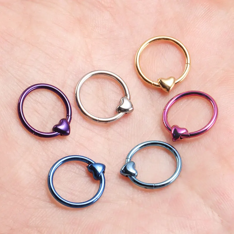 ASTM F136 Titanium Heart Clicker Septum Piercing 16G Hinge Daith Helix Flame Spider Web Earring 2024 New Anodized Wholesale