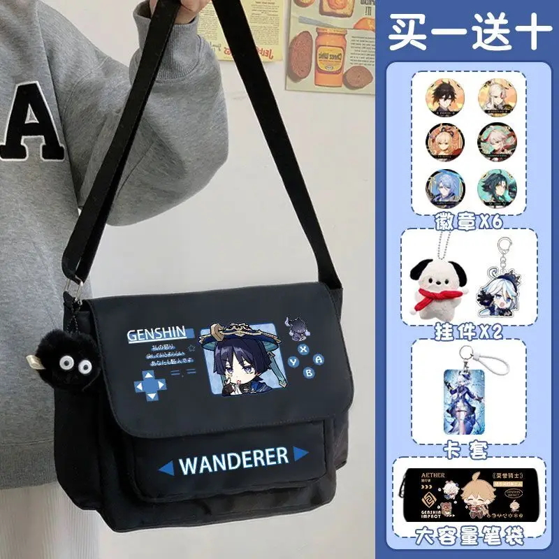 Genshin Impact Maplehara Manyo Zhongli Game Merchandise Single Shoulder Backpack Crossbody School Student Canvas Tote Bag Ani