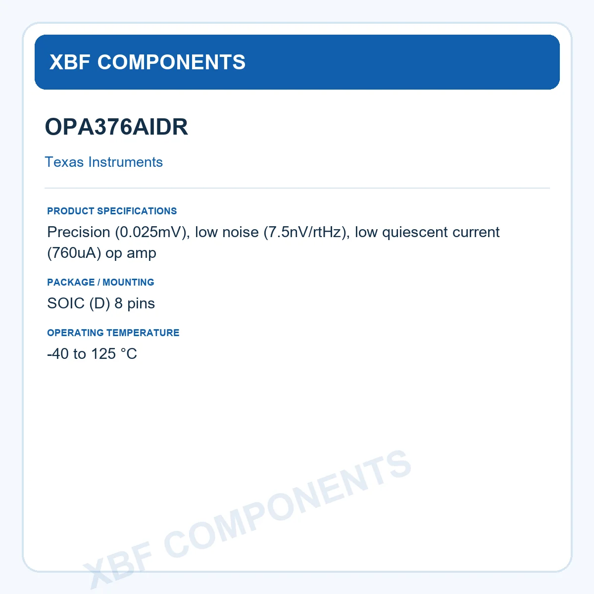 OPA376AIDR Texas Instruments Operational Amplifier Op Amp SOIC (D) 8 pins