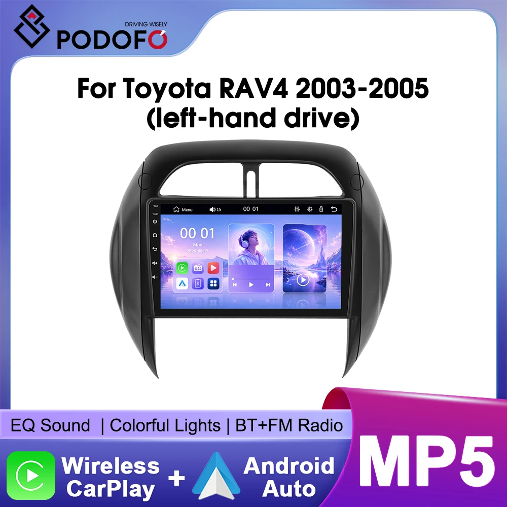 Autoradio stereo Podofo da 9 pollici per Toyota RAV4 2003-2005 (guida a sinistra) con CarPlay wireless, Android Auto, Bluetooth, Mirrorlink e lettore multimediale video