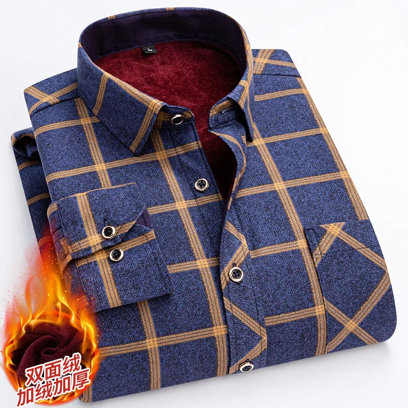 Men\'s long-sleeved shirt plus fleece thickening business casual autumn and winter plaid comfortable trend everything soft top