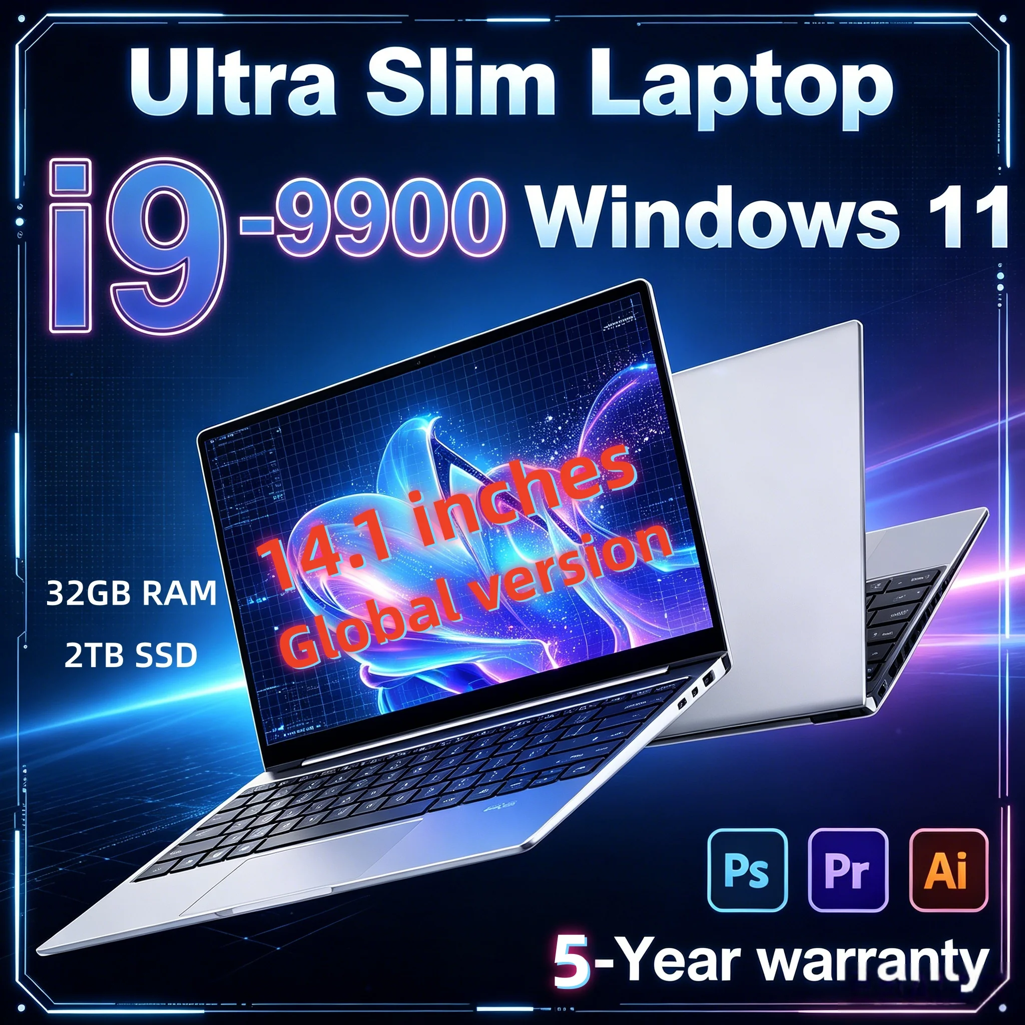 LENO 14.1-calowy ultracienki laptop z systemem Windows 11 Pro, procesor Intel Core i9-9900, 32 GB RAM, 1 TB/2 TB, notebook PC, 4K HD, laptopy do biura i nauki