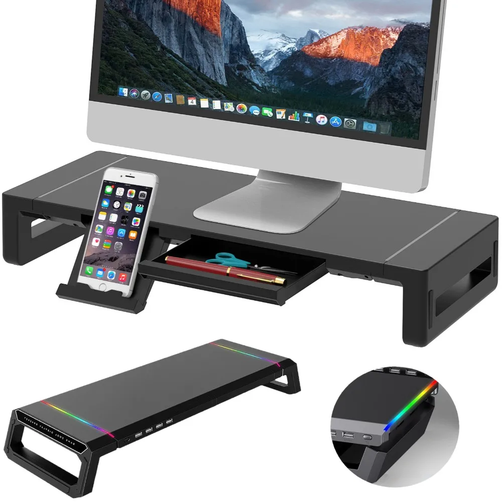Support de moniteur PC 4 ports USB réglable avec tiroir de rangement pour clavier, tablette, téléphone et ordinateur portable